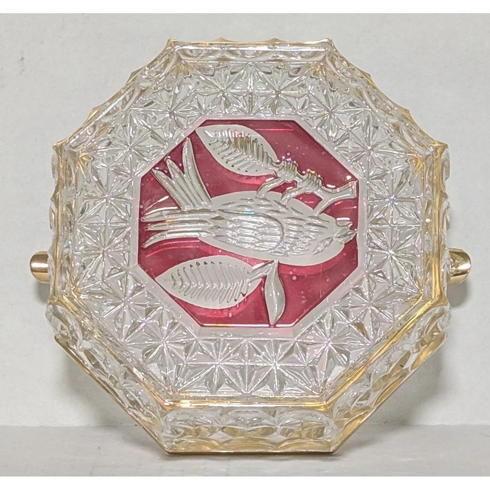 Vintage Hofbauer Byrdes Ruby Red Clear Cut Crystal and Brass Octagon Ashtray